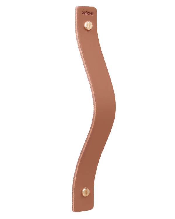 BAND drawer pull from byRavn in cognac for drawers and cabinets, curved leather handle with two brass screws and byRavn embossing