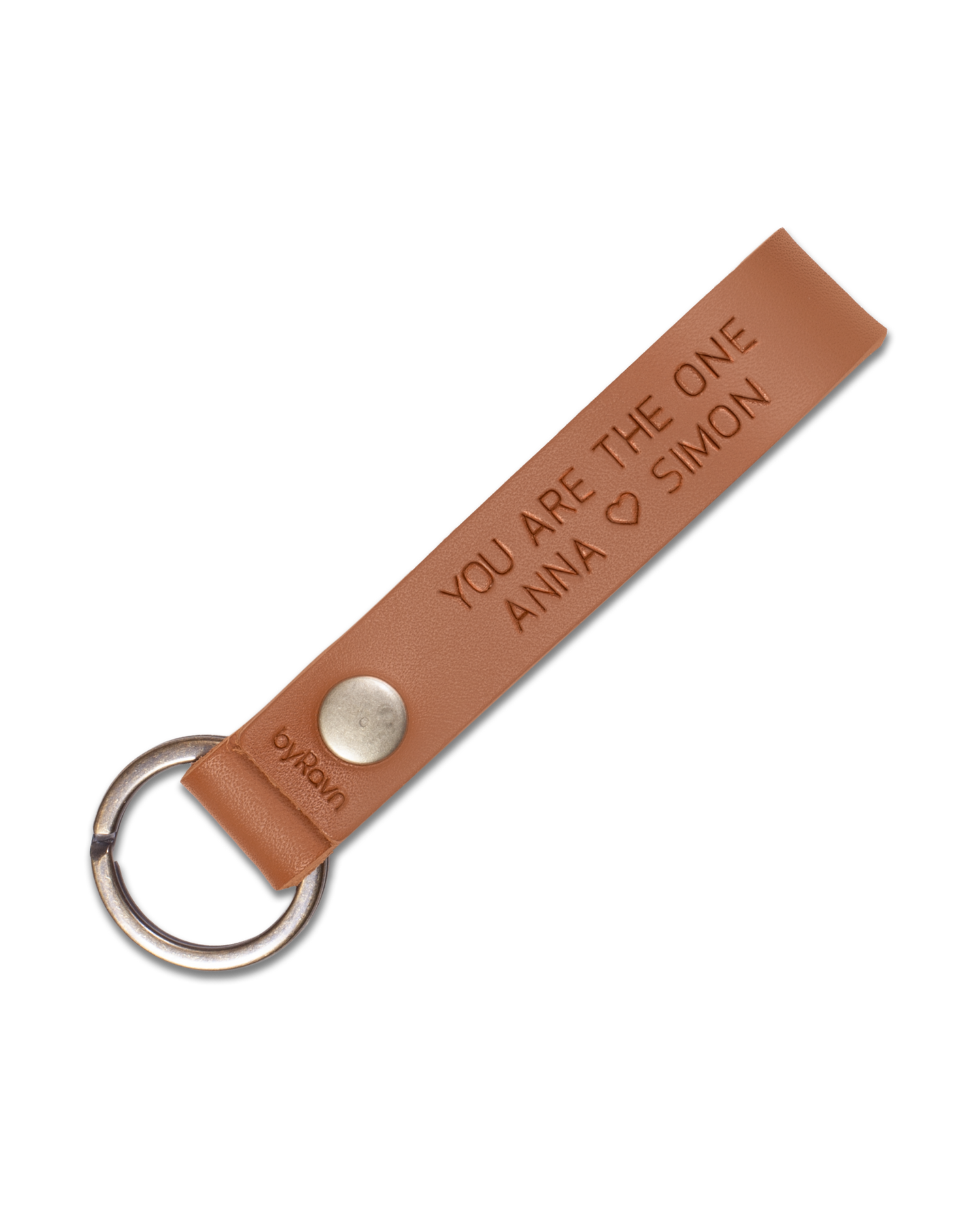 BOND leather keyring from byRavn in cognac with steel key ring and the engraving "You are the one Anna ♡ Simon"