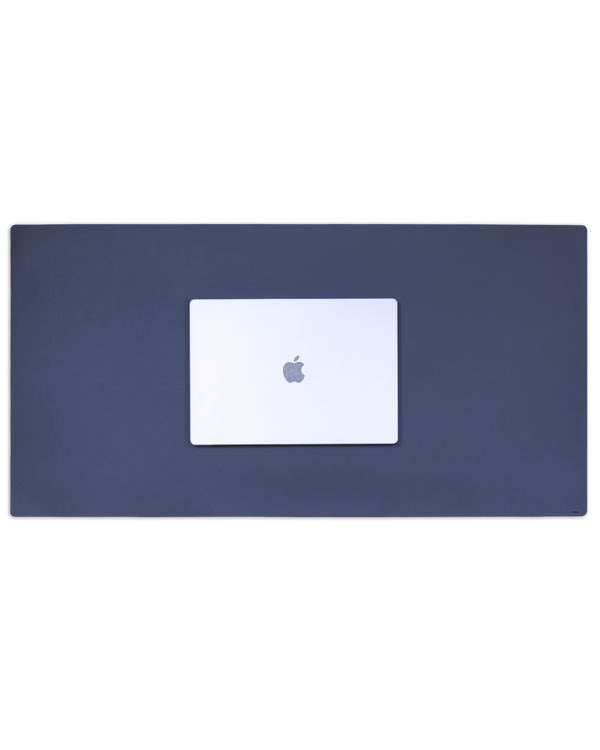 XXL DESK large-format desk pad from byRavn in navy blue leather with a laptop