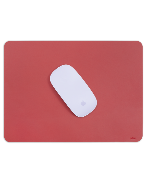 DOS mouse pad from byRavn in red full-grain leather with a white computer mouse