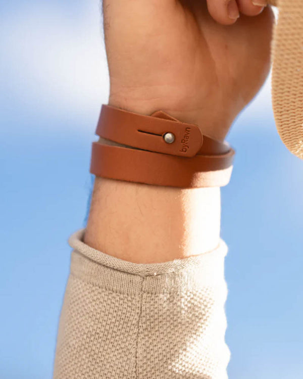 DUO leather bracelet in cognac wrapped twice around the wrist, seen from the inside with press stud and byRavn embossing