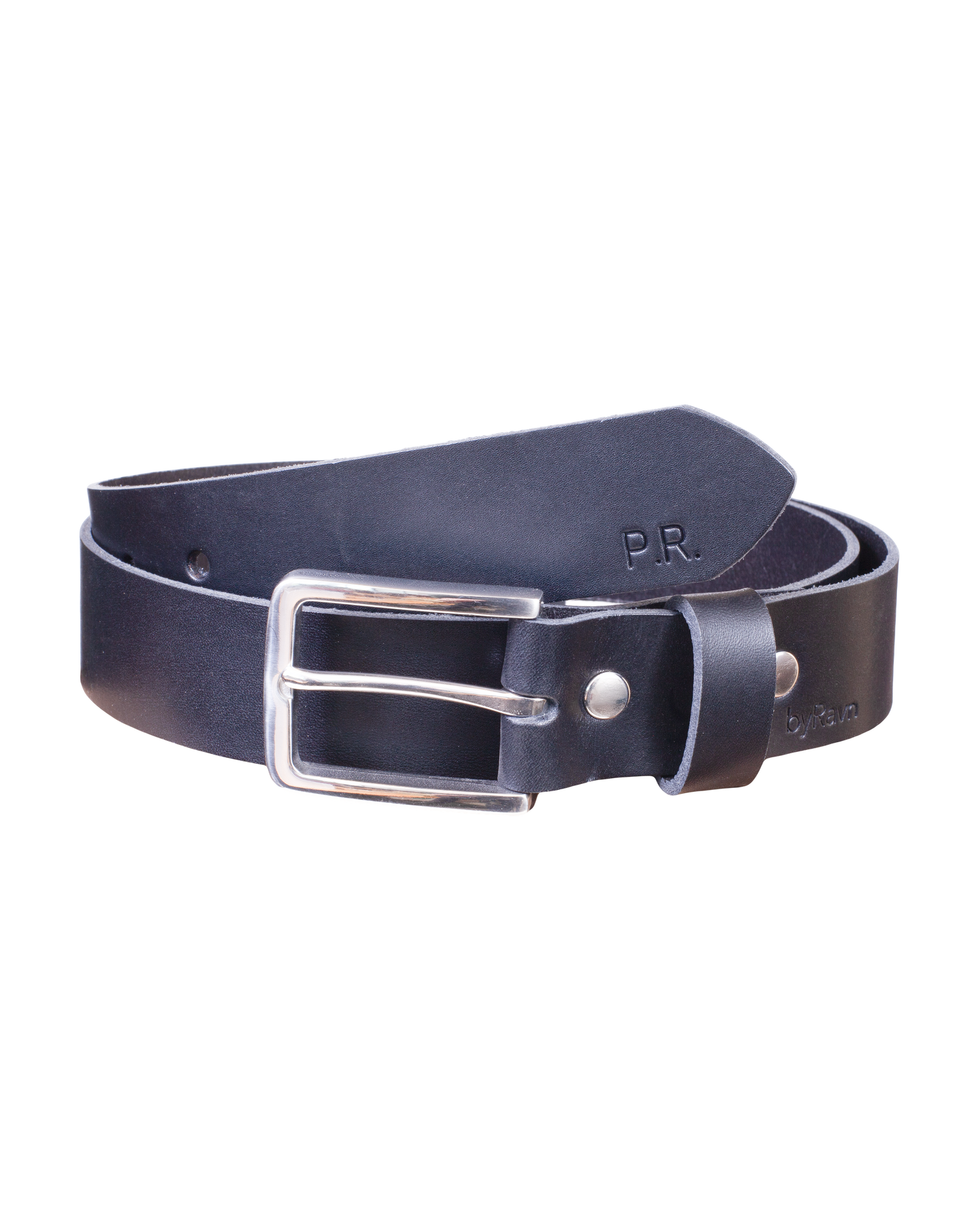 EDGE belt from byRavn in black leather with steel buckle and the initials "P.R." engraved on the tip