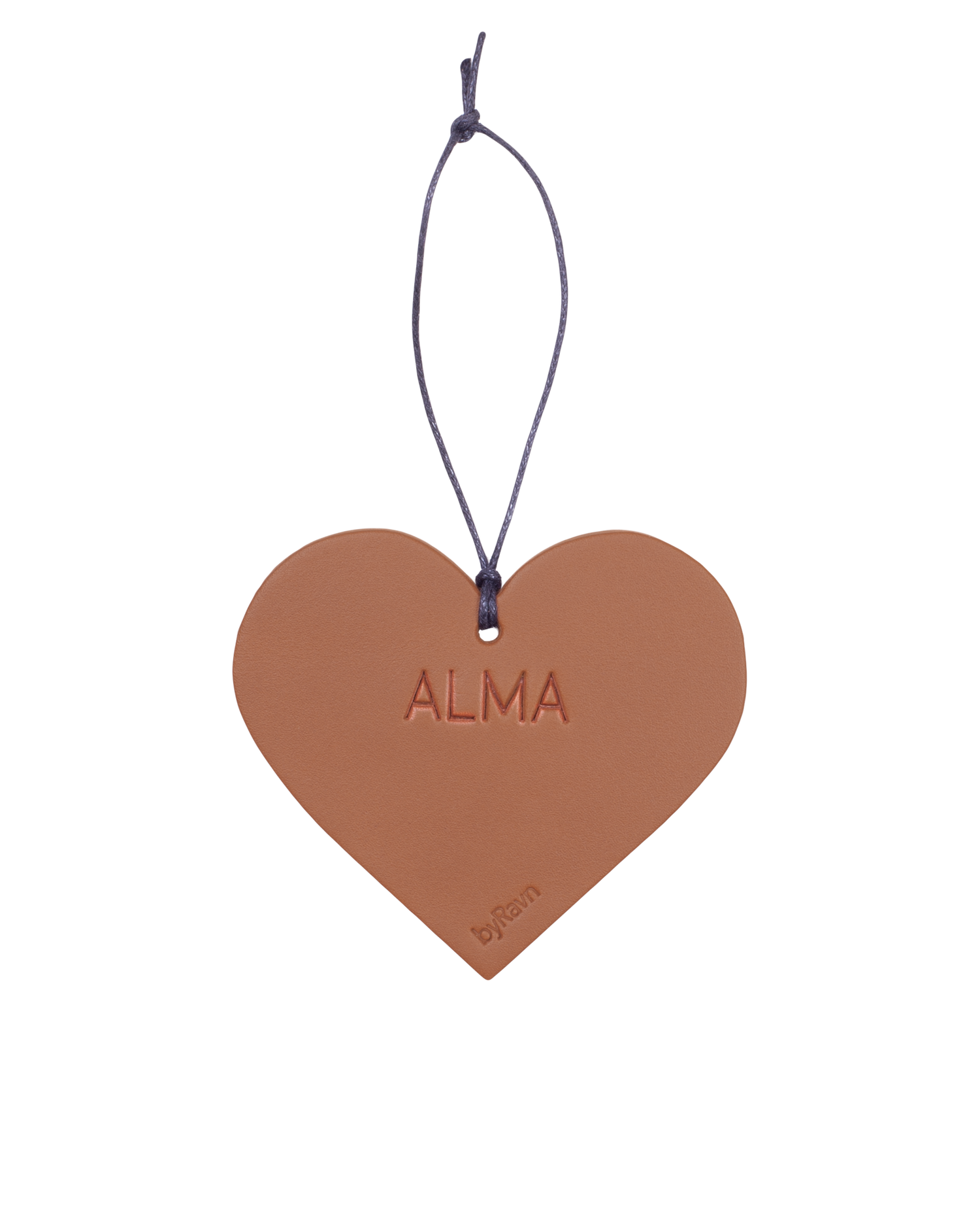 FROST Christmas heart from byRavn in cognac leather with the name "Alma" embossed and black cord hanger