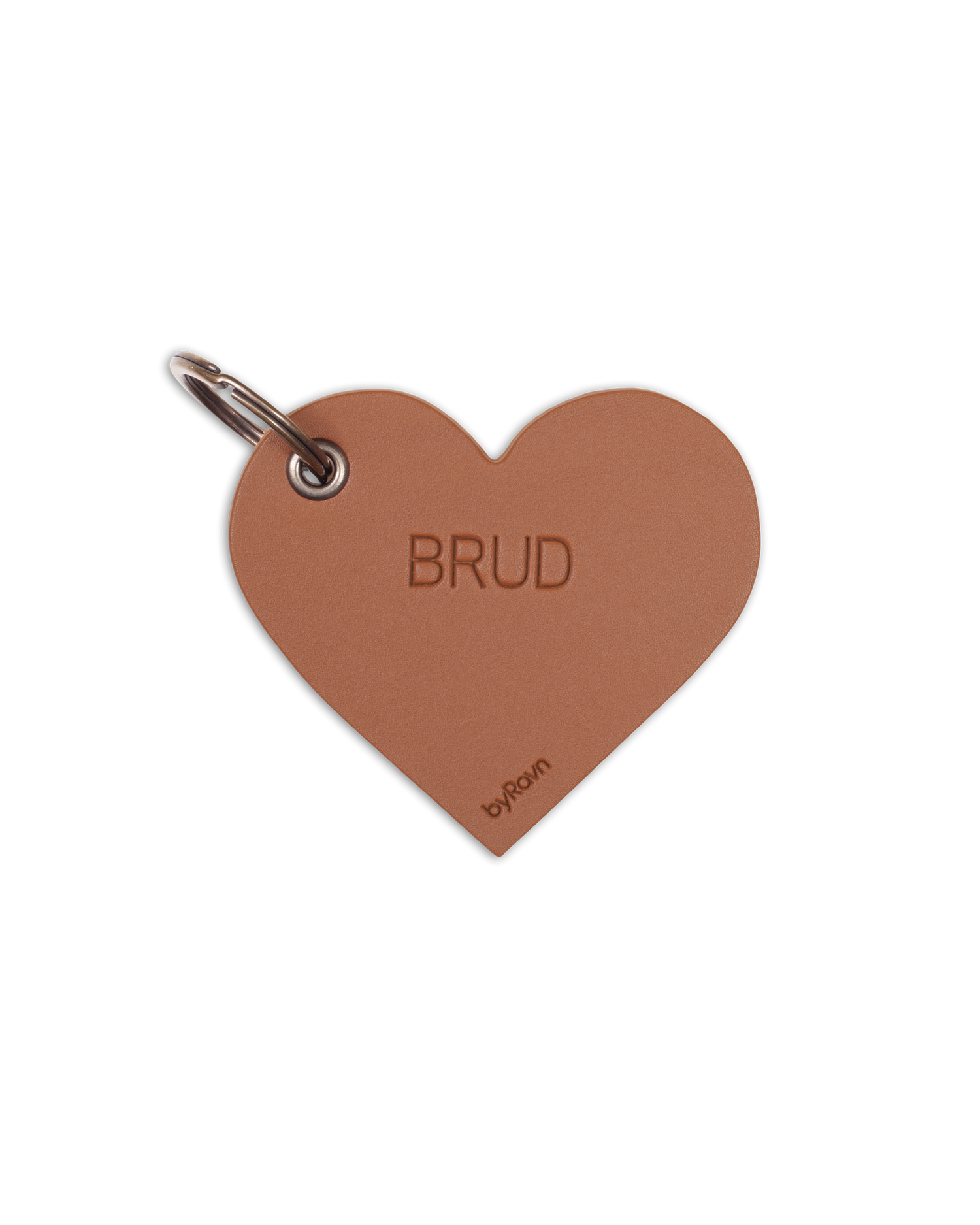 GALLA heart-shaped leather place card from byRavn in cognac with the engraving "Brud" and metal key ring