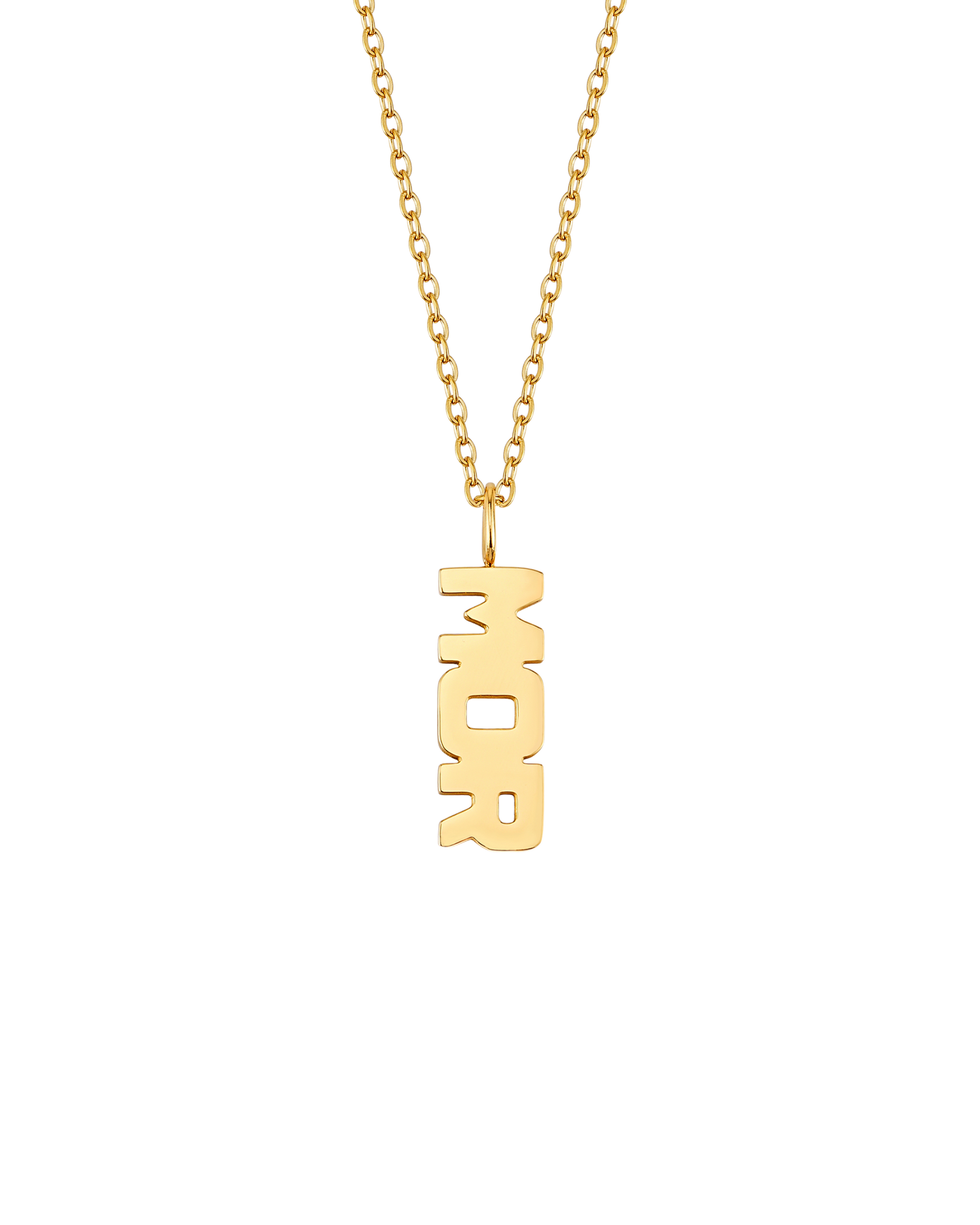 MOM necklace from byRavn in gold-plated stainless steel with pendant shaped as the word "MOR" in block letters