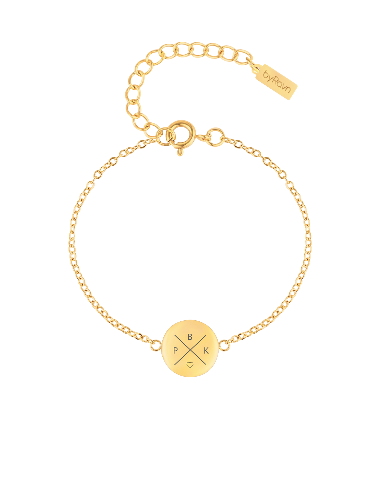 IBI X bracelet from byRavn in gold-plated stainless steel, round disc with cross and the initials "B", "P", "K" and a heart engraved