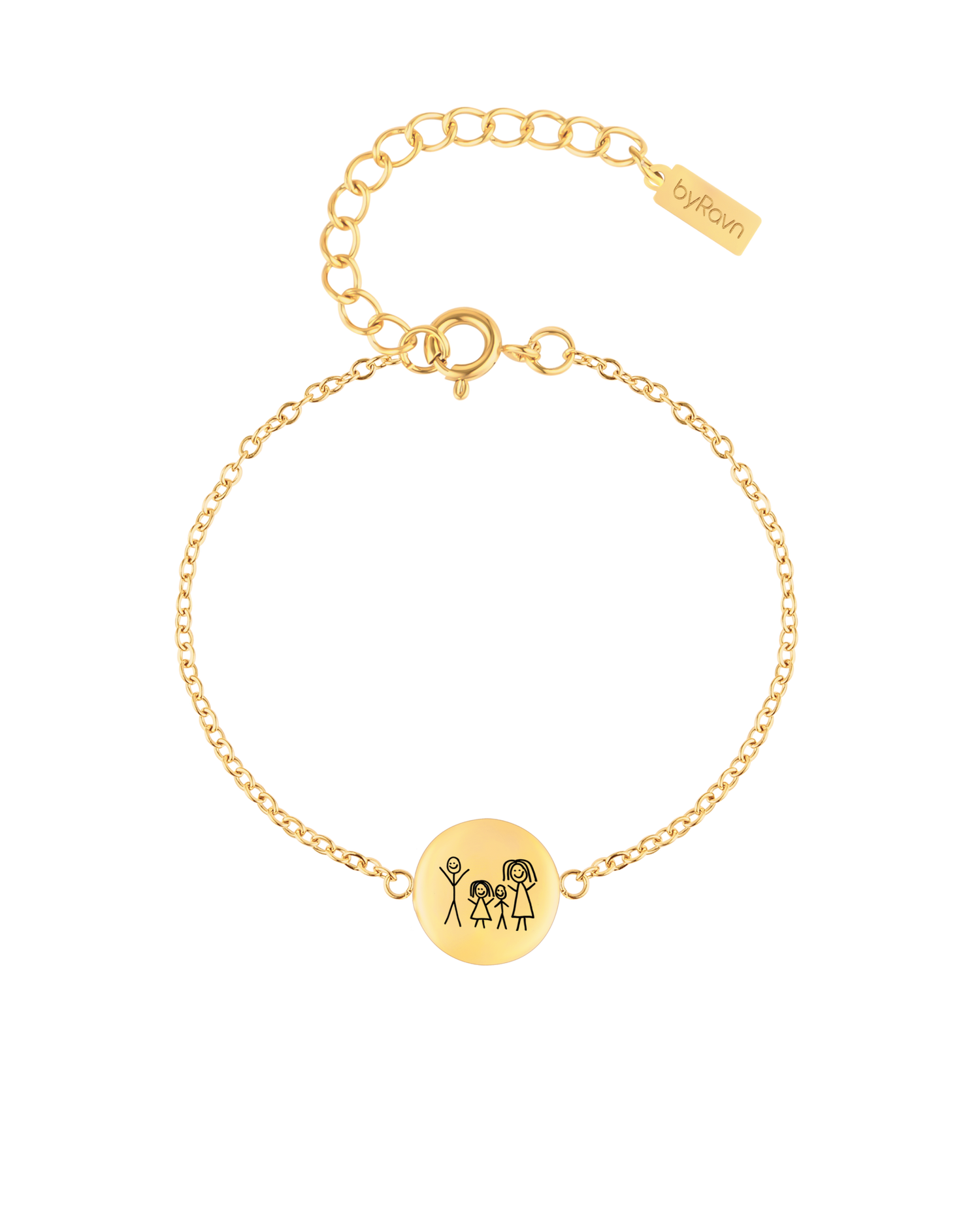 IBI MOTIF bracelet from byRavn in gold-plated stainless steel with round disc and a child's drawing of the family engraved