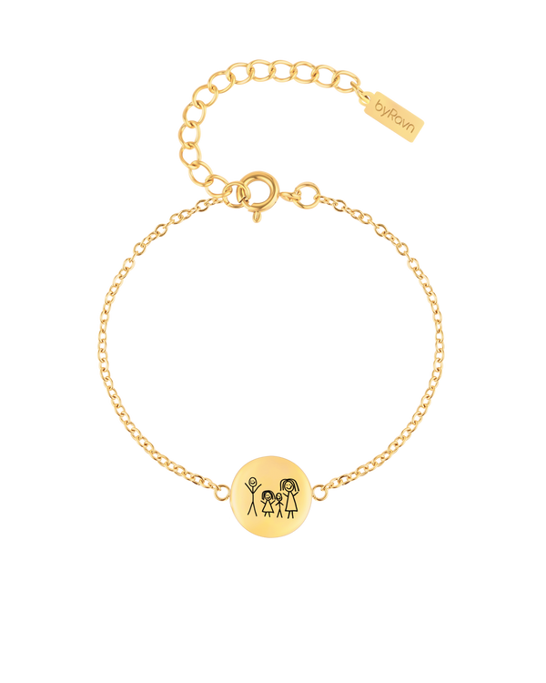 IBI MOTIF bracelet from byRavn in gold-plated stainless steel with round disc and a child's drawing of the family engraved