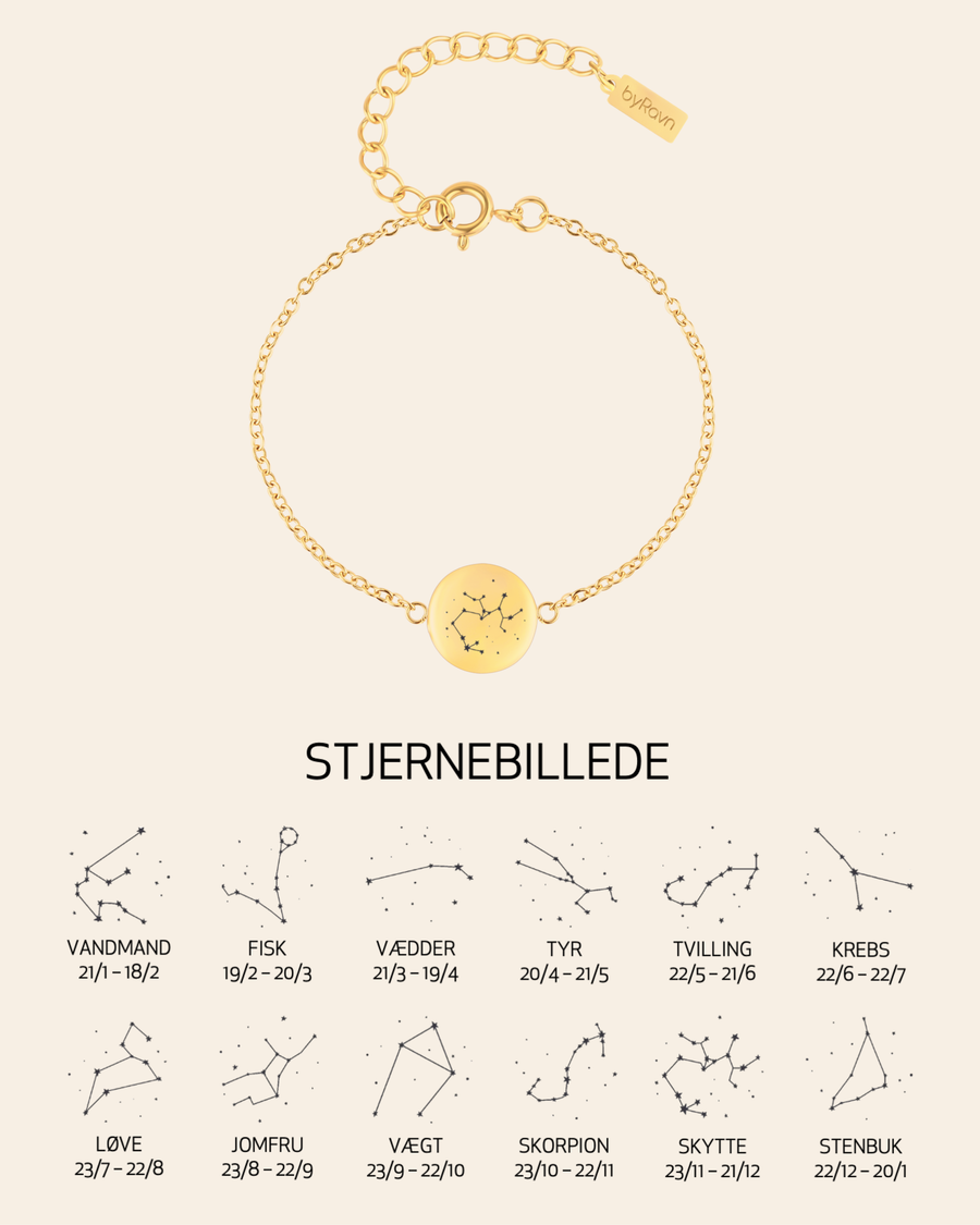 IBI STAR bracelet in gold-plated stainless steel with engraved constellation, shown with an overview of all 12 constellations and dates