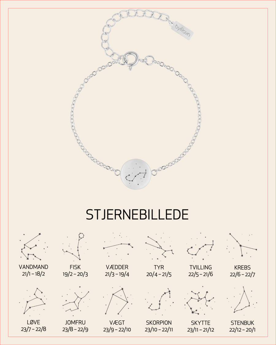 IBI STAR bracelet in silver-coloured stainless steel with engraved constellation, shown with an overview of all 12 constellations