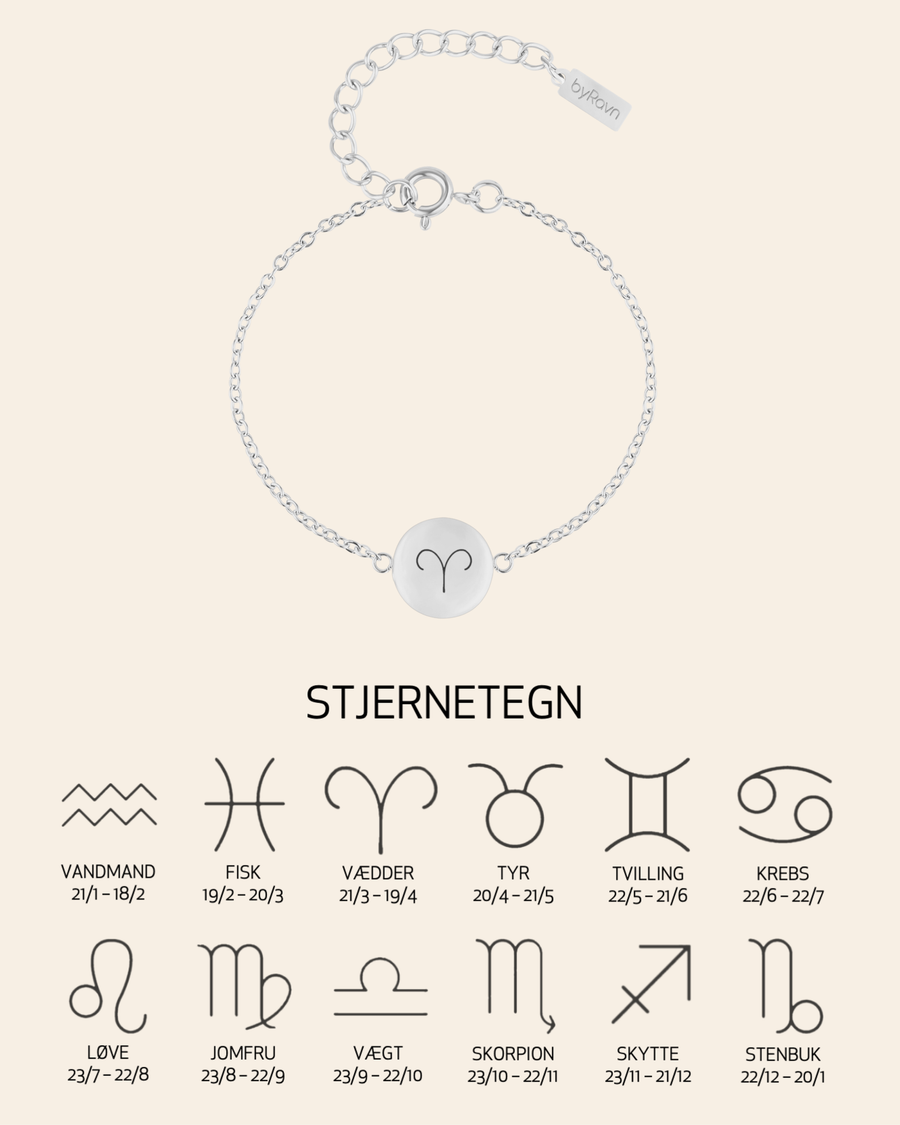 IBI STAR bracelet in silver-coloured stainless steel with the zodiac sign Aries engraved, shown with an overview of all 12 zodiac signs