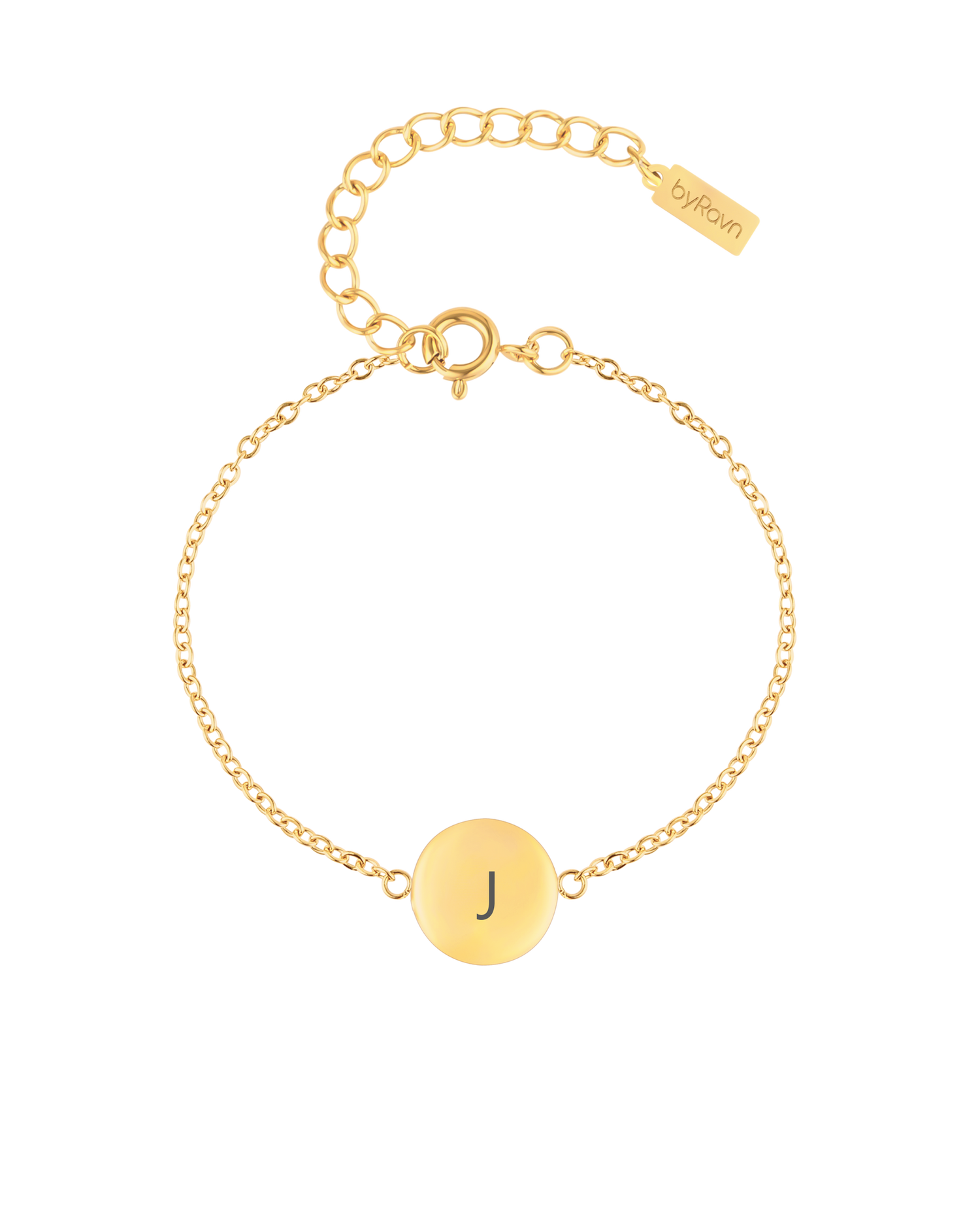 IBI LETTER bracelet from byRavn in gold-plated stainless steel with round disc and the letter "J" engraved