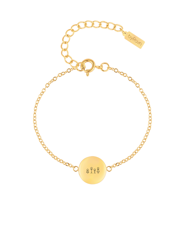 IBI STICK bracelet from byRavn in gold-plated stainless steel with round disc and an engraved matchstick family of three