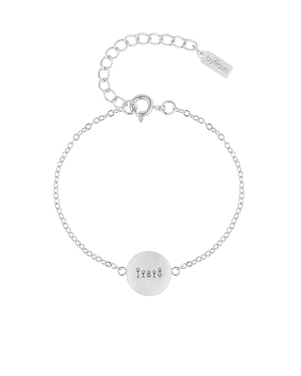 IBI STICK bracelet from byRavn in silver-coloured stainless steel with round disc and an engraved matchstick family of five