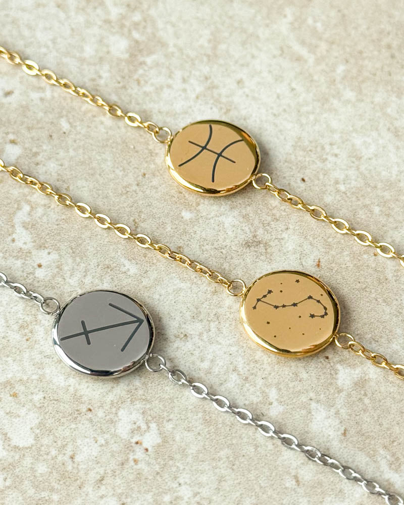 IBI STAR bracelet in gold-plated stainless steel with Pisces sign and Scorpio constellation, plus silver-coloured version with Sagittarius