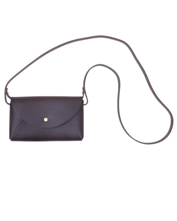 INA shoulder bag from byRavn in dark brown leather with long narrow strap and gold-coloured press stud