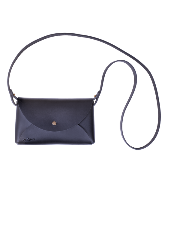 INA shoulder bag from byRavn in black leather with long narrow strap and metal press stud