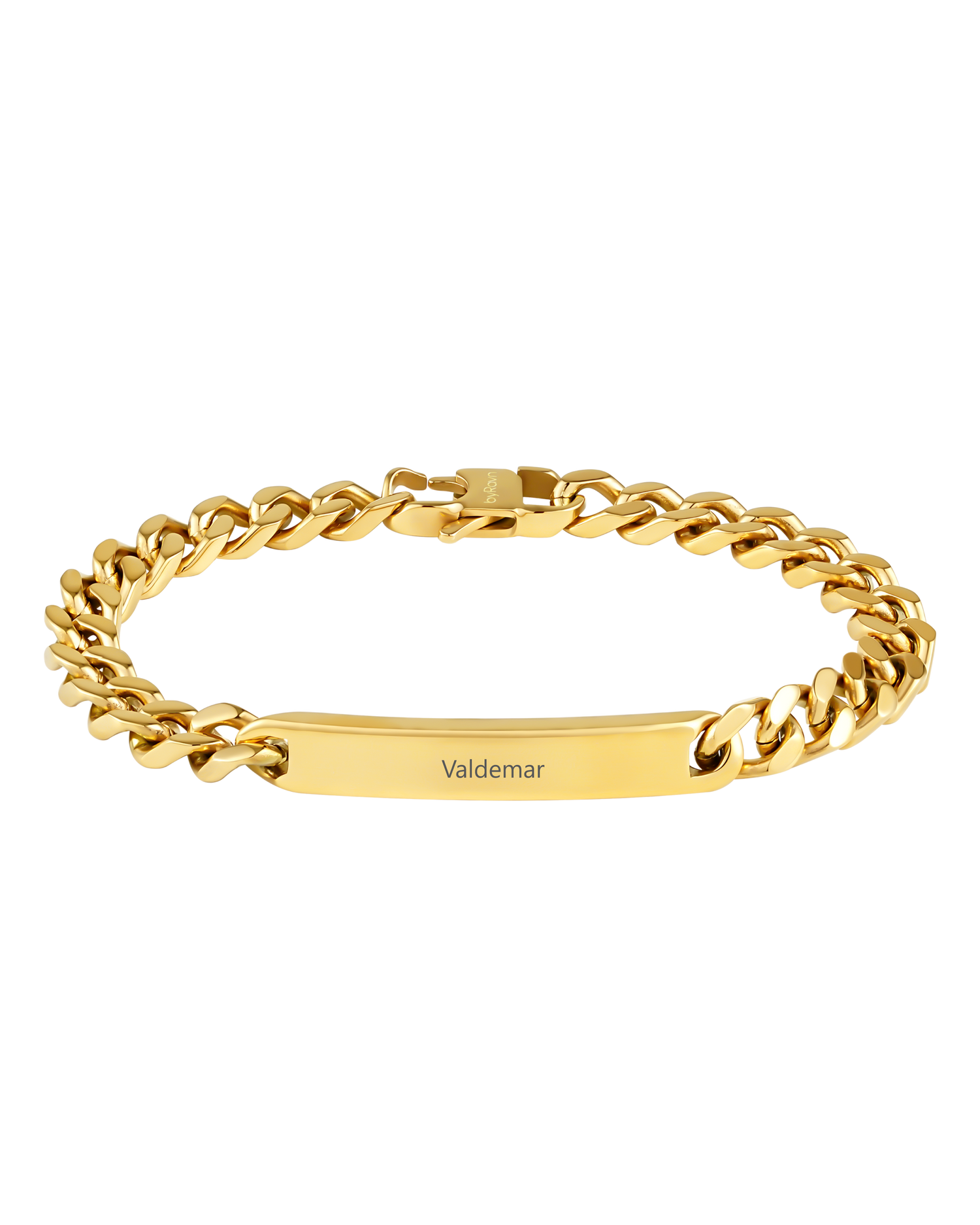 LEO name bracelet from byRavn in gold-plated stainless steel, chunky curb chain with bar plate and the name "Valdemar" engraved