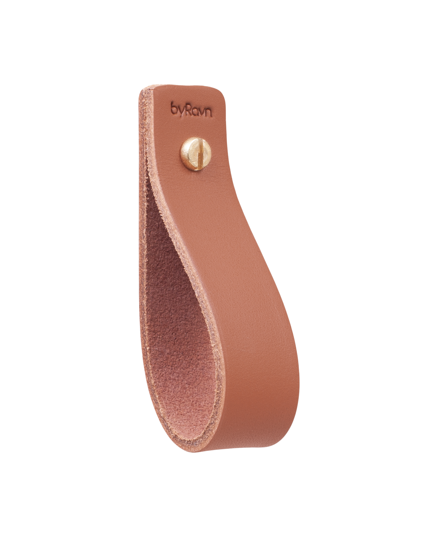 LOOP leather drawer pull from byRavn in cognac for drawers and cabinets, leather loop with brass screw and byRavn embossing