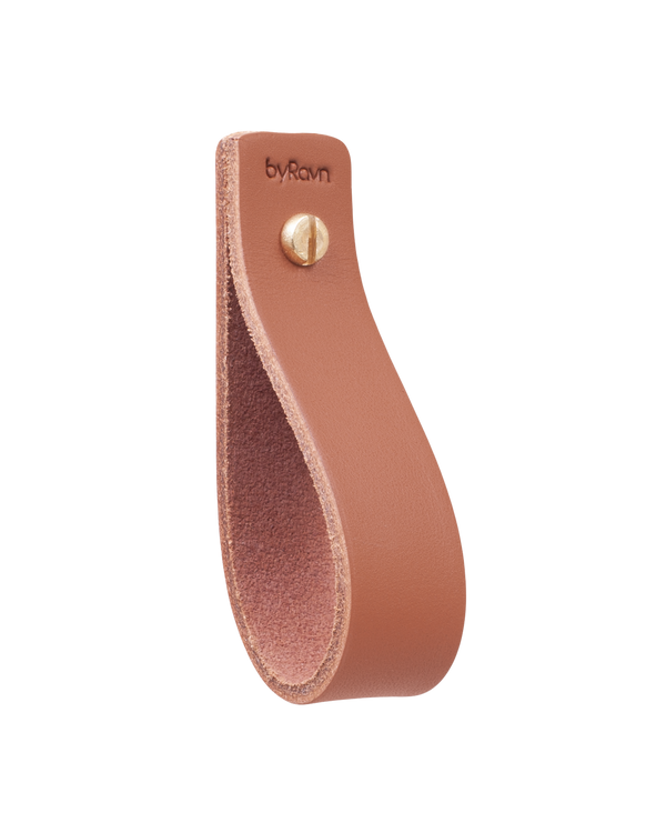 LOOP leather drawer pull from byRavn in cognac for drawers and cabinets, leather loop with brass screw and byRavn embossing