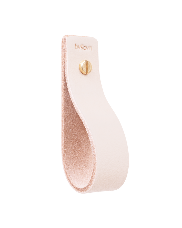 LOOP leather drawer pull from byRavn in natural for drawers and cabinets, leather loop with brass screw and byRavn embossing