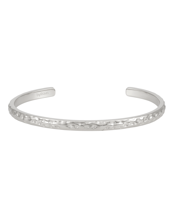 LUNA bracelet from byRavn in silver-coloured stainless steel, open bangle with hammered finish