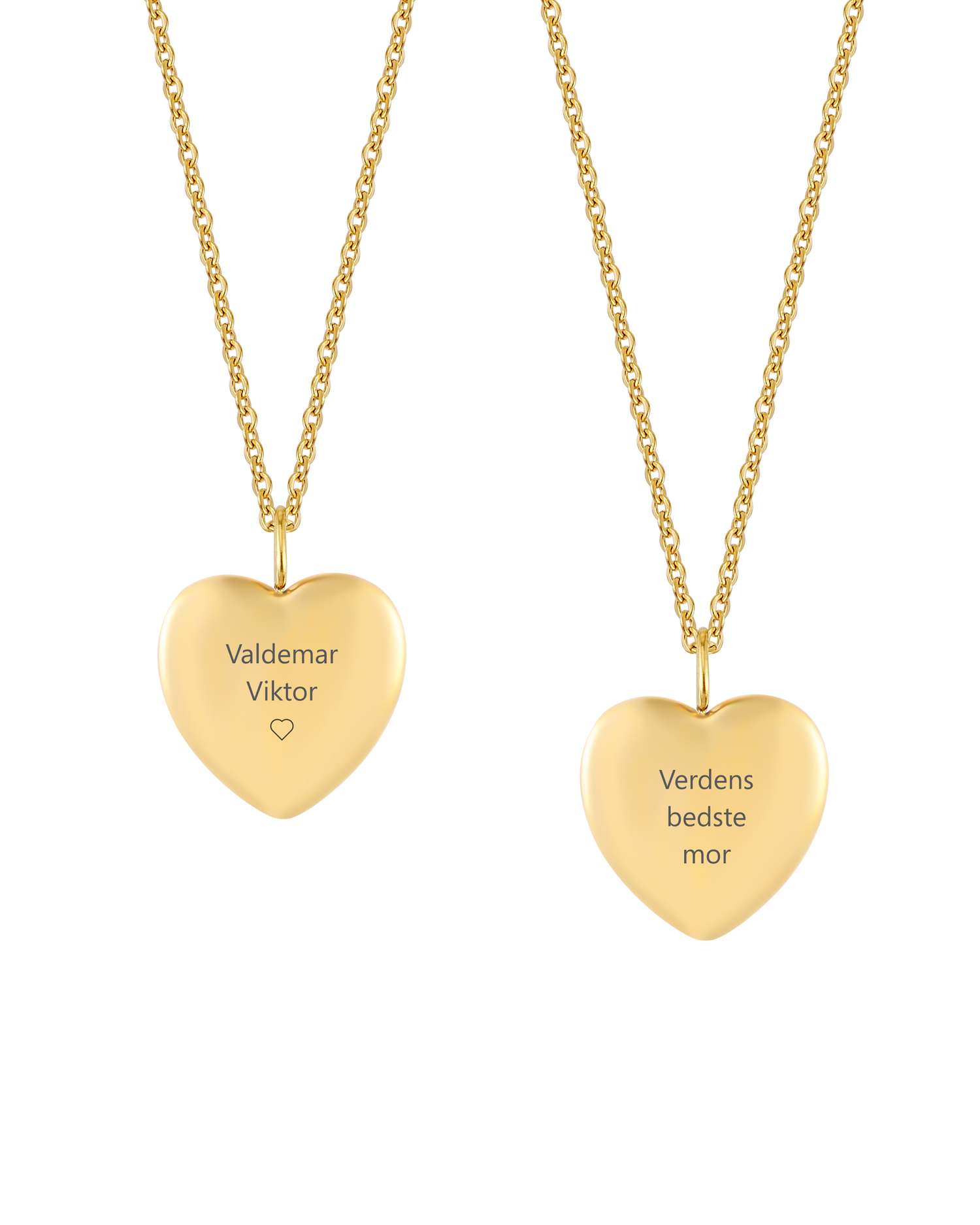 LUV QUOTE necklace from byRavn in gold-plated steel, two heart pendants engraved with "Valdemar Viktor" ♡ and "Verdens bedste mor"
