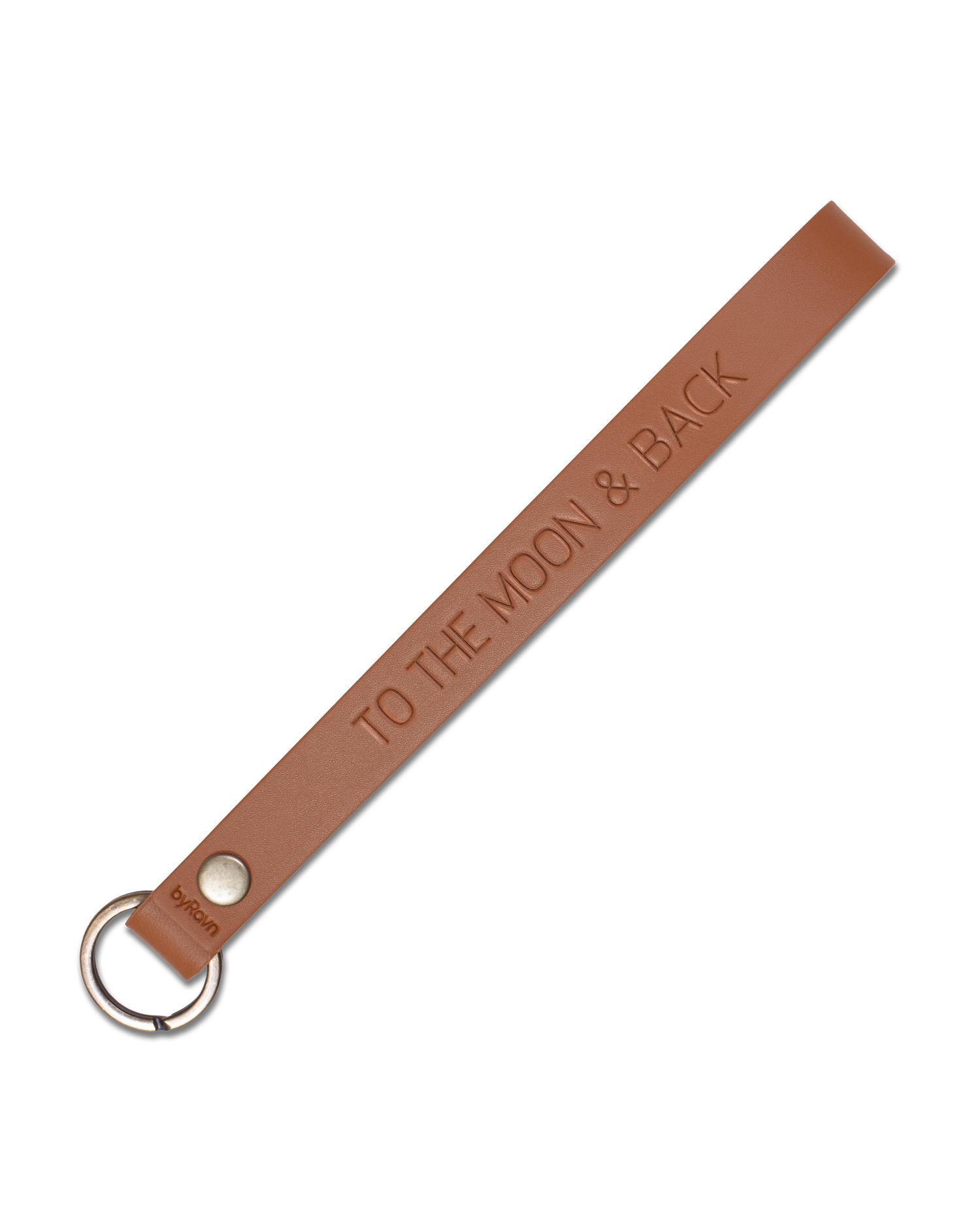 LUX leather keyring from byRavn in cognac, slim strap with steel key ring and the engraving "To the moon & back"
