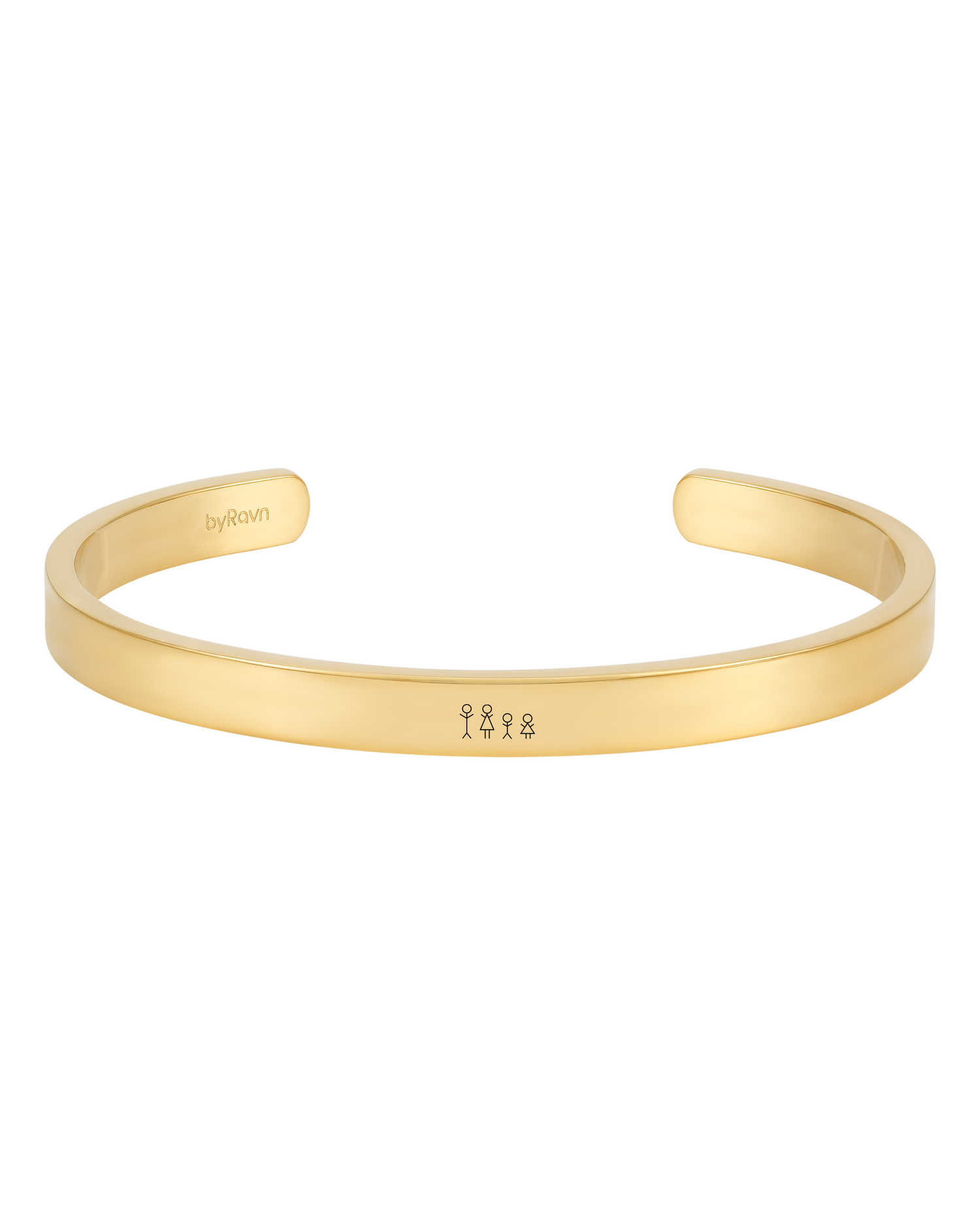 MARS STICK bracelet from byRavn in gold-plated stainless steel, wide open bangle with an engraved matchstick family of four