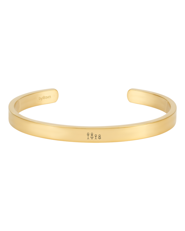 MARS STICK bracelet from byRavn in gold-plated stainless steel, wide open bangle with an engraved matchstick family of four