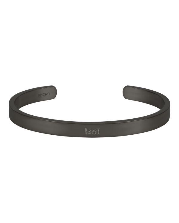 MARS STICK bracelet from byRavn in black stainless steel, wide open bangle with an engraved matchstick family of five