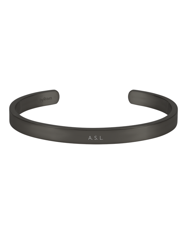 MARS bracelet from byRavn in black stainless steel, wide open bangle with the initials "A. S. L." engraved