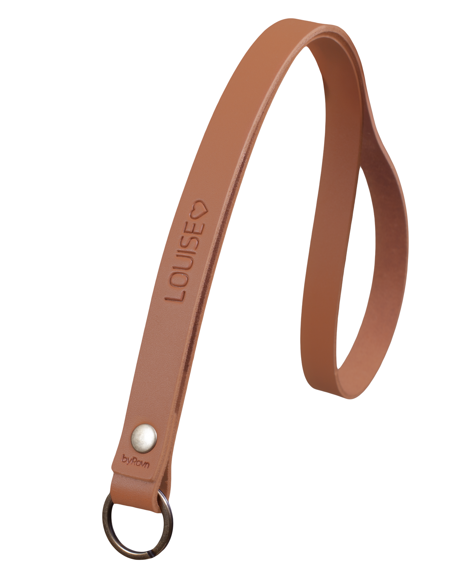 MAX leather keyring from byRavn in cognac, long strap with steel key ring and the name "Louise" ♡ engraved