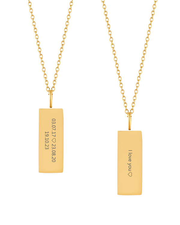 MIO necklace from byRavn in gold-plated stainless steel, two rectangular pendants engraved "03.07.17 ♡ 23.08.20 19.10.23" and "I love you" ♡
