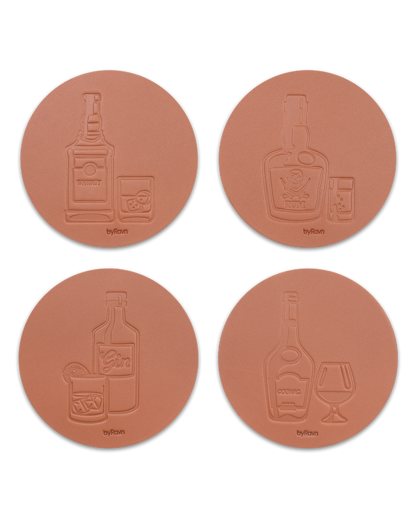 MOKKA spirits leather coasters from byRavn in cognac, 4 motifs: whisky, rum, gin and cognac with bottle and glass