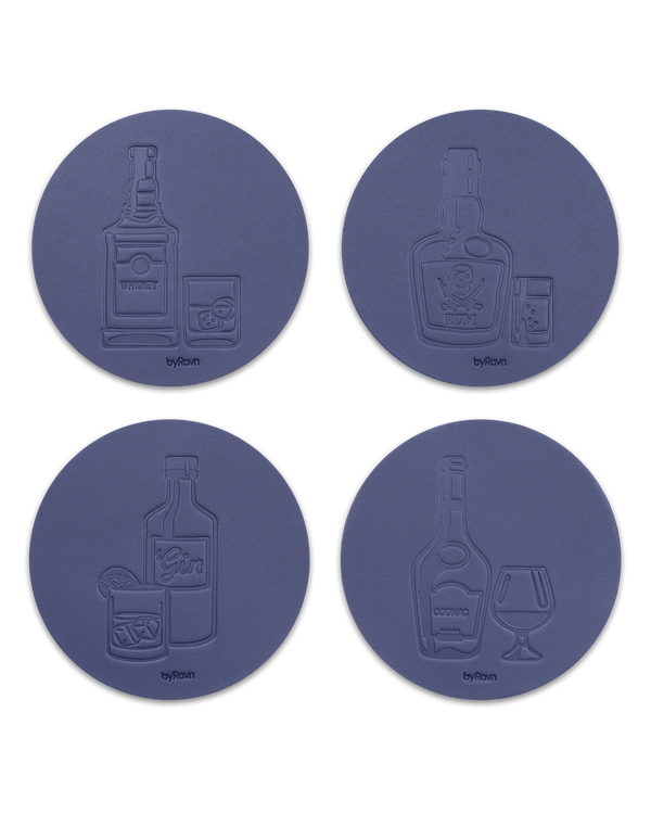 MOKKA spirits leather coasters from byRavn in navy blue, 4 motifs: whisky, rum, gin and cognac with bottle and glass