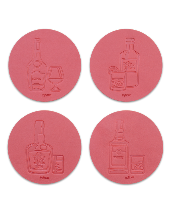 MOKKA spirits coasters from byRavn in red leather, 4 motifs: cognac, gin, rum and whisky with bottle and glass
