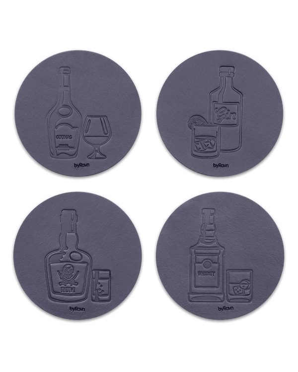 MOKKA spirits leather coasters from byRavn in black, 4 motifs: cognac, gin, rum and whisky with bottle and glass