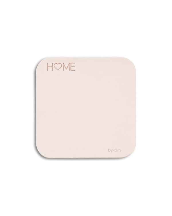 MOKKA square coaster from byRavn in natural leather with the engraving "Home", where the O is a heart