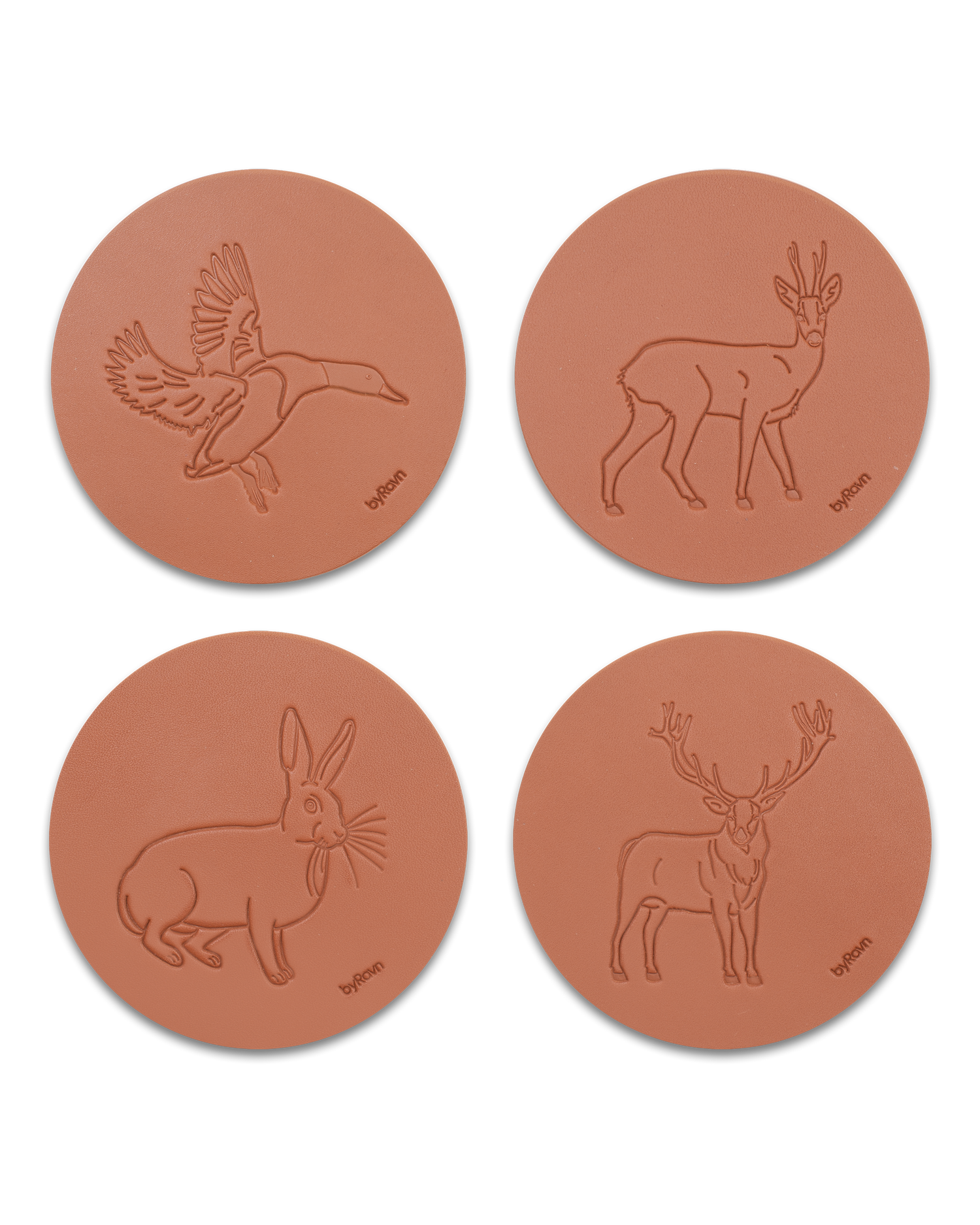 MOKKA hunting leather coasters from byRavn in cognac, pack A with 4 motifs: mallard, roebuck, hare and red deer stag