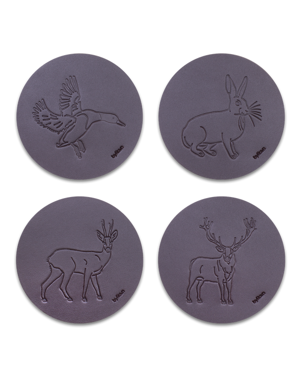 MOKKA hunting leather coasters from byRavn in dark brown, pack A with 4 motifs: mallard, hare, roebuck and red deer stag