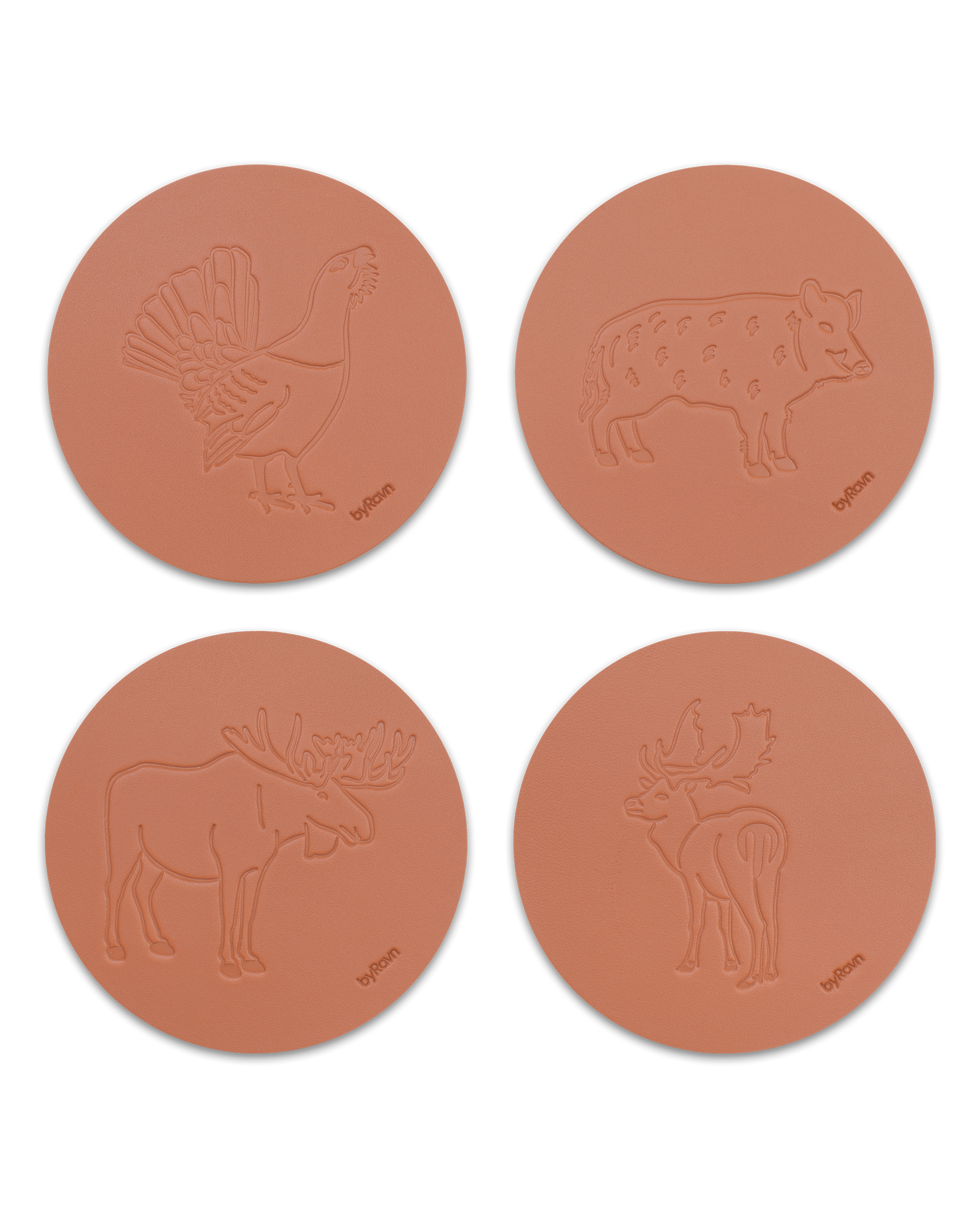 MOKKA hunting leather coasters from byRavn in cognac, pack B with 4 motifs: capercaillie, wild boar, elk and fallow deer