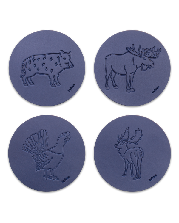 MOKKA hunting leather coasters from byRavn in navy blue, pack B with 4 motifs: wild boar, elk, capercaillie and fallow deer