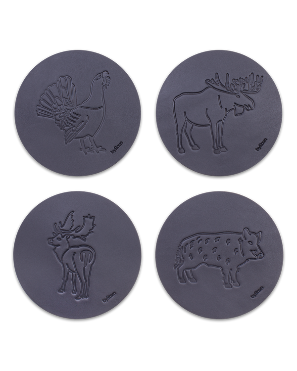 MOKKA hunting leather coasters from byRavn in black, pack B with 4 motifs: capercaillie, elk, fallow deer and wild boar
