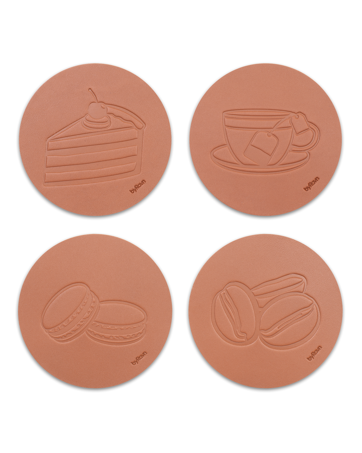 MOKKA coffee & cake leather coasters from byRavn in cognac, 4 motifs: layer cake, teacup, macarons and coffee beans