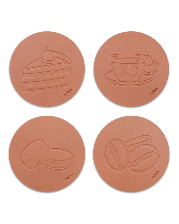 MOKKA coffee & cake leather coasters from byRavn in cognac, 4 motifs: layer cake, teacup, macarons and coffee beans