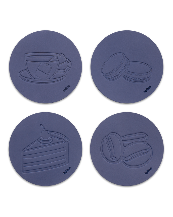 MOKKA coffee & cake leather coasters from byRavn in navy blue, 4 motifs: teacup, macarons, layer cake and coffee beans