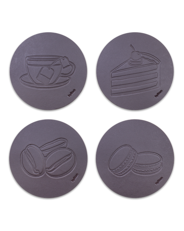 MOKKA coffee & cake leather coasters from byRavn in dark brown, 4 motifs: teacup, layer cake, coffee beans and macarons
