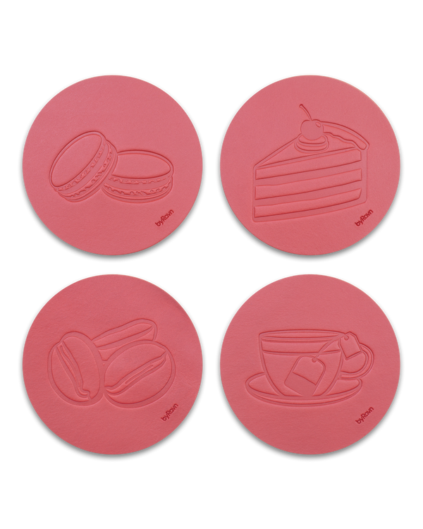 MOKKA coffee & cake leather coasters from byRavn in red, 4 motifs: macarons, layer cake, coffee beans and teacup