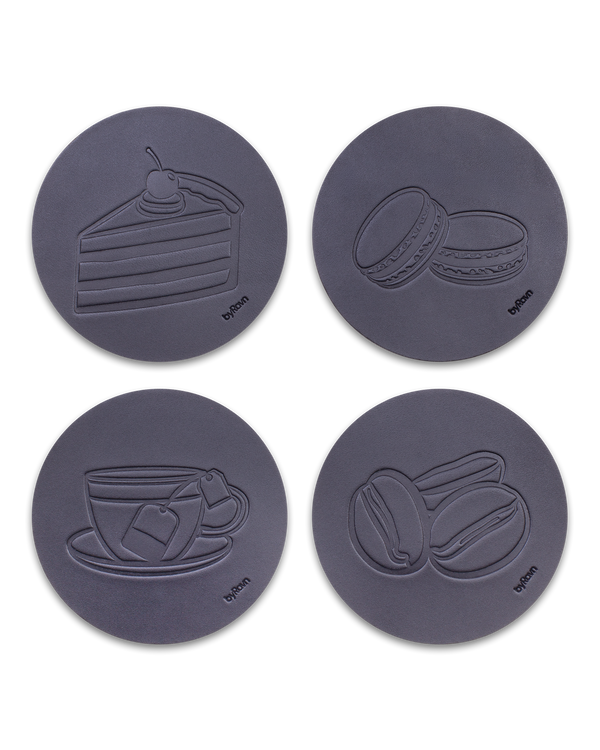 MOKKA coffee & cake leather coasters from byRavn in black, 4 motifs: layer cake, macarons, teacup and coffee beans